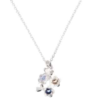 Maigull halskjede uoksidert med tre krystaller og to hjertefugler